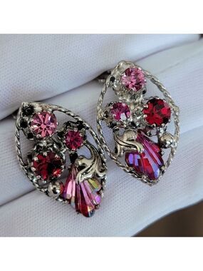 Austria Vintage Earrings Silver & Pink Clip On #1798